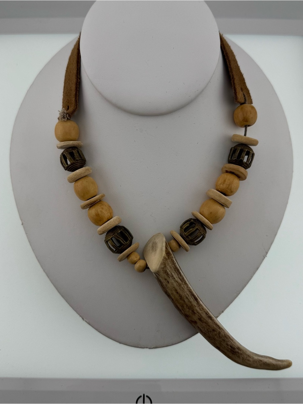 Boho Brown Suede Necklace with Wood Beads and Antler Pendant